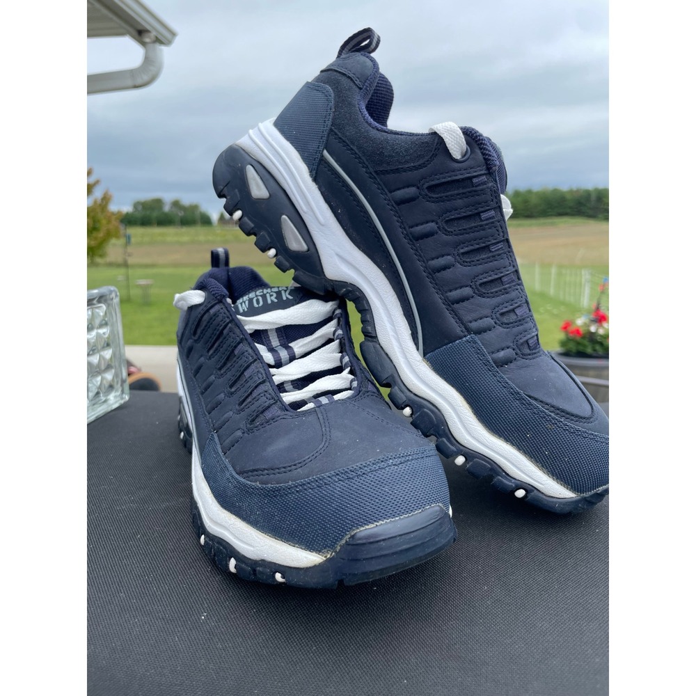 ⁠Skechers Work Mens 8 Steel Toe Shoes Navy Blue Safety Sneakers Slip Resistant